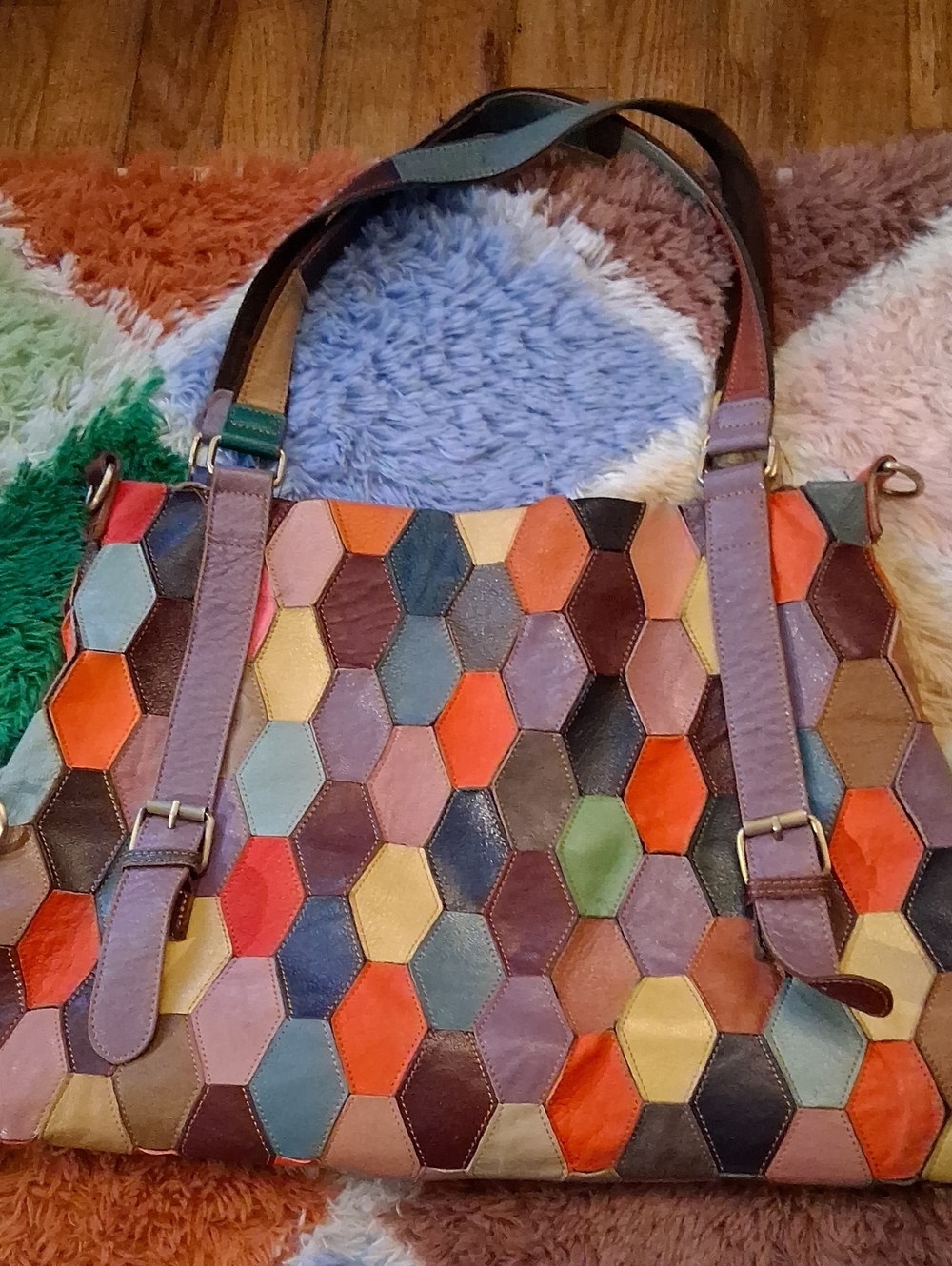 Ameri Leather Multicolor Hexagon Patchwork Leather Tote Bag